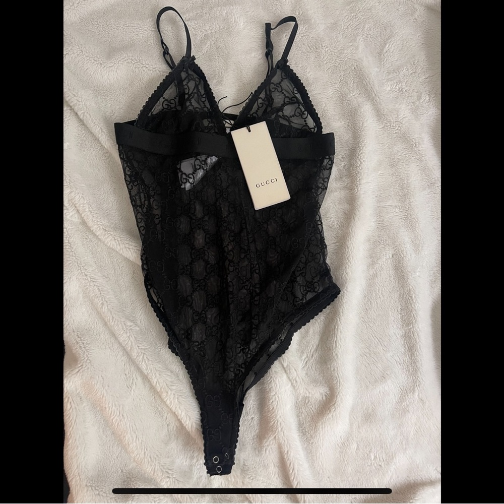 BNWT Gucci All Over GG logo Tulle Bodysuit Black